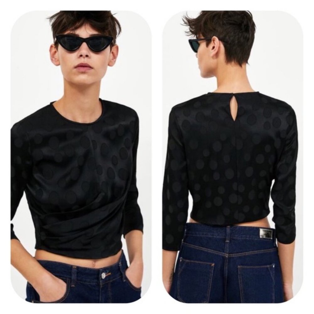ZARA | Black Jacquard Polka Dot Crop Top S